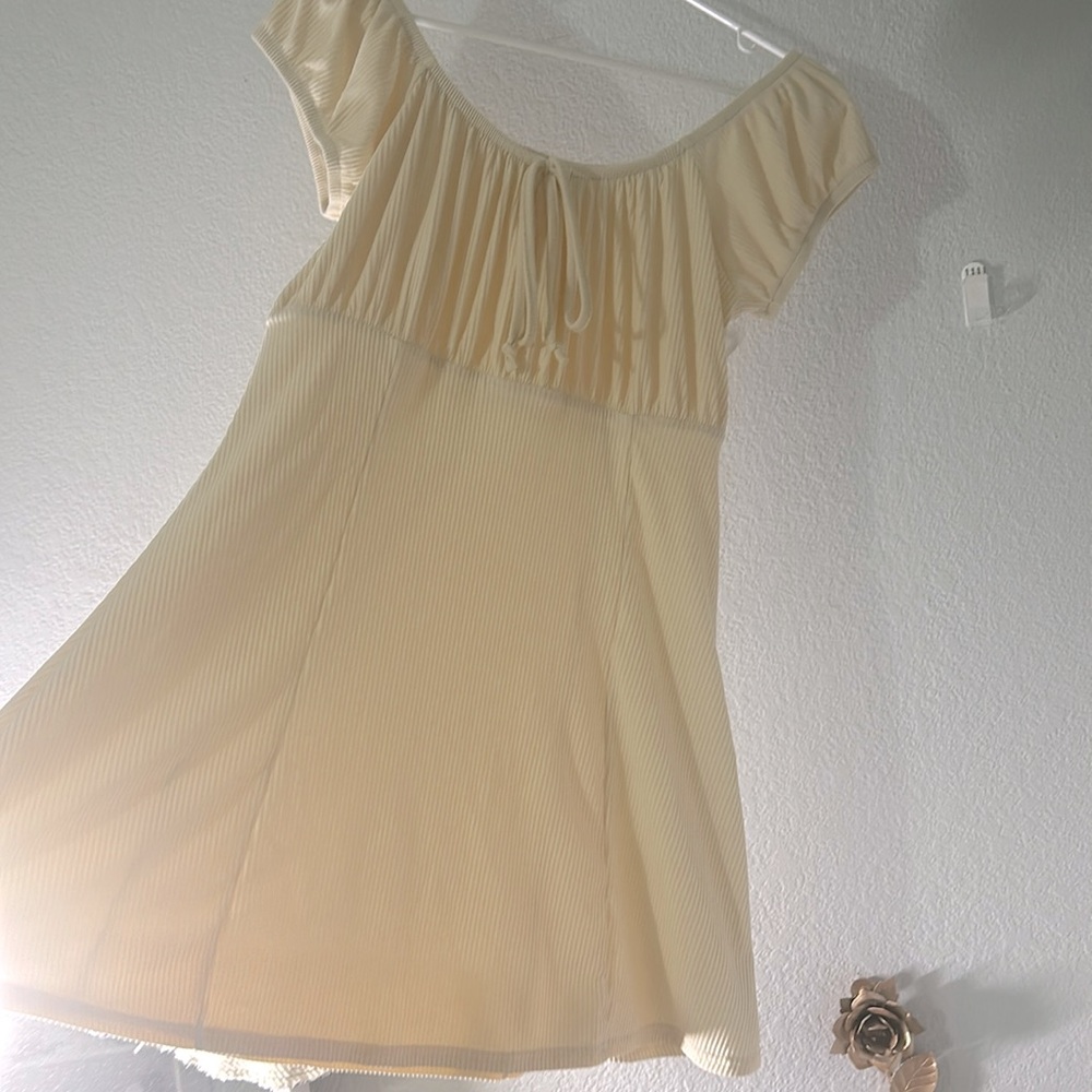 Francesca’s x Blue Rain Ribbed Rouched Cream Dress With Short Sleeves (Large)